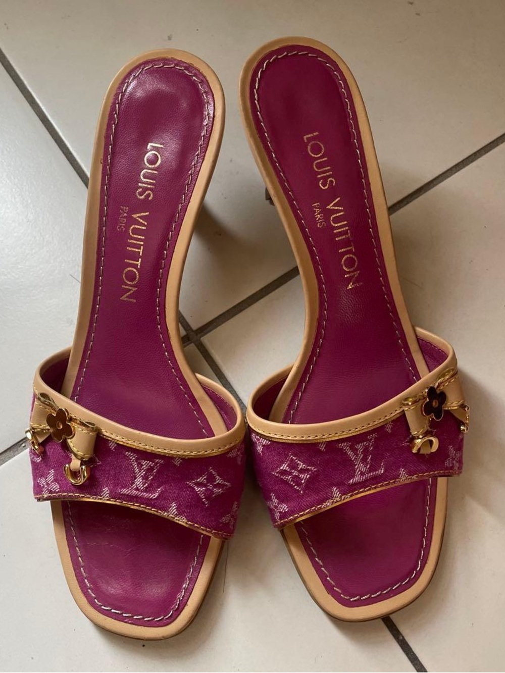 Vintage Louis Vuitton pink denim monogram kitten heels